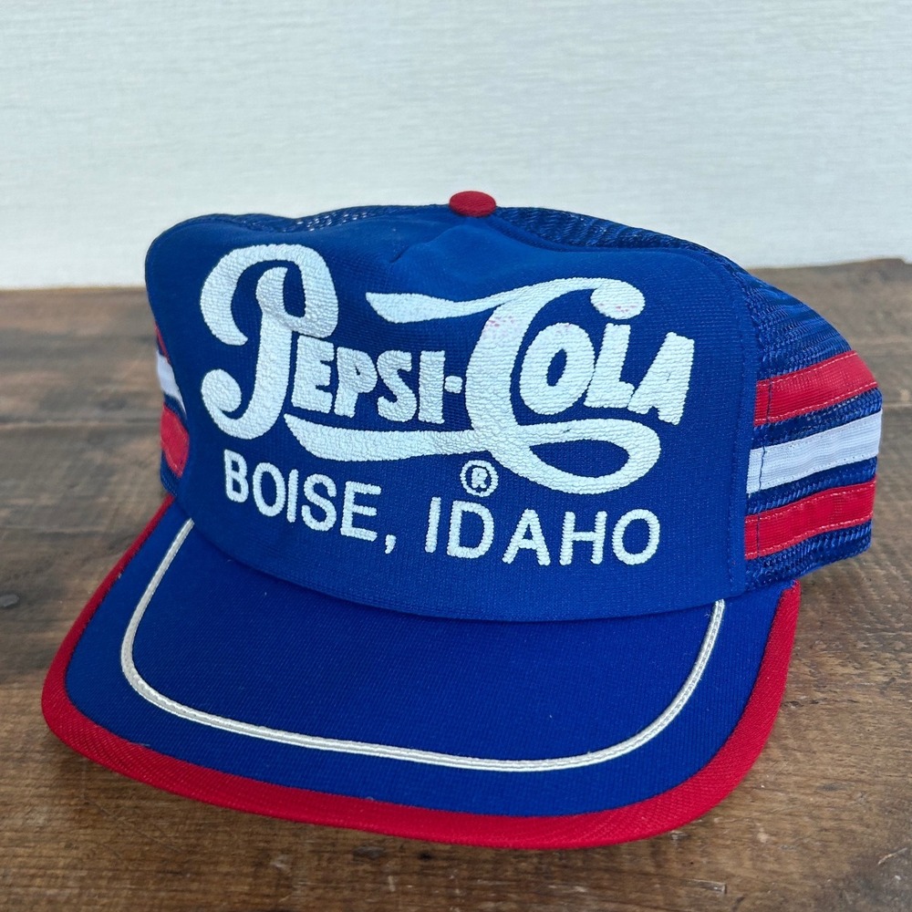 Vintage Pepsi Cola Boise Idaho Trucker Hat 3 Stripe Red Blue White Mesh Made USA